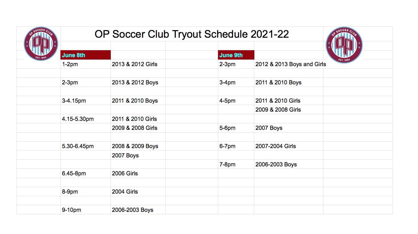 OP Soccer Club Tryout Schedule 2020