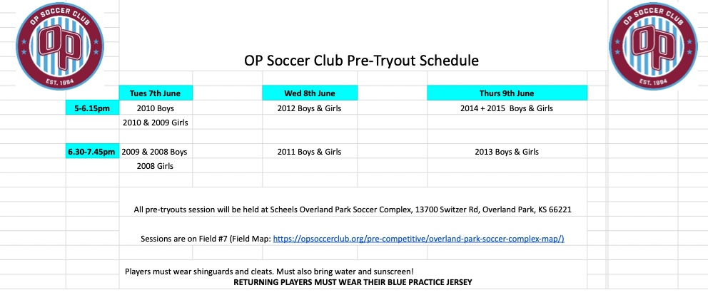 OP Soccer Club Pre-Tryout Schedule